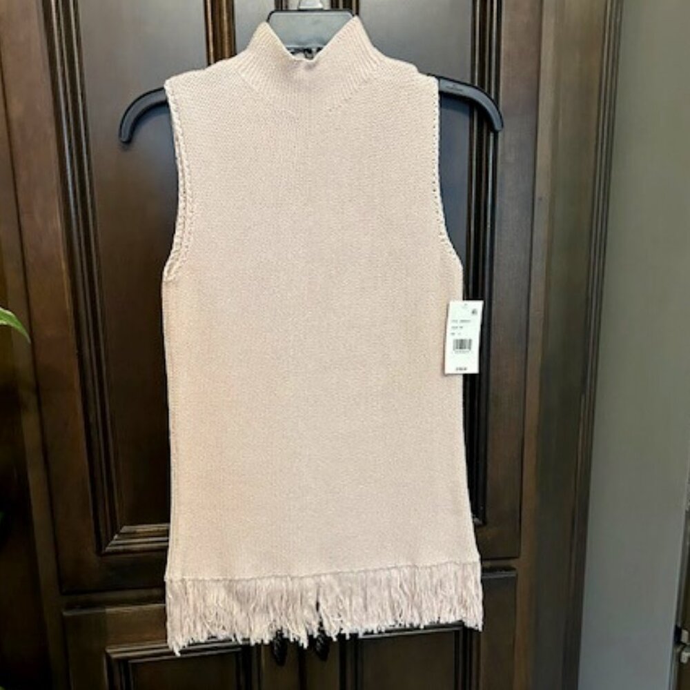 Trina Turk 100% Cotton Waverly Fine Gauge Mock Neck Sleeveless Fringe Hem Top